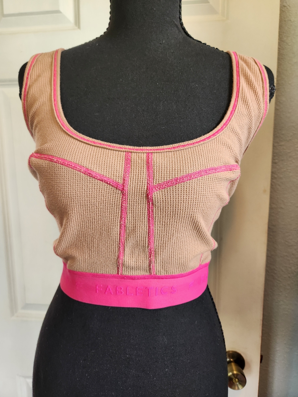 Fabletics Nude Sports Bra with Hot Pink Trim